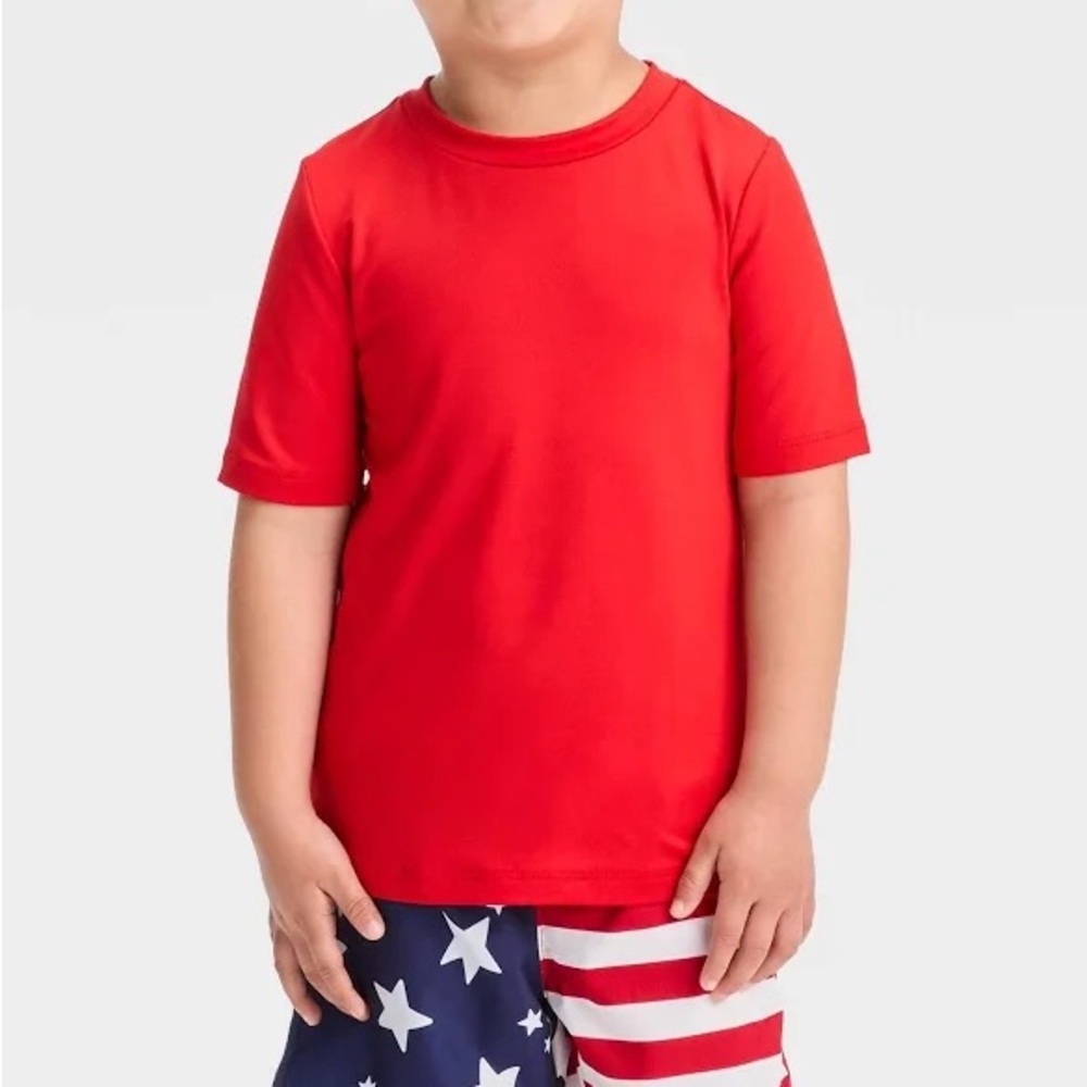 Cat & Jack Toddler Boys Short Sleeve Rashguard Swimsuit Top - Red 2t